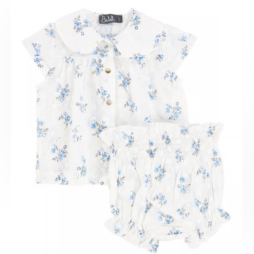 Belati White Blue Floral Set Girls size 1 Eyelet Shirt Bloomers Boutique Outfit